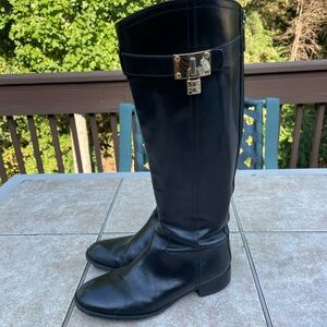 Tory Burch black leather padlock riding tall boots